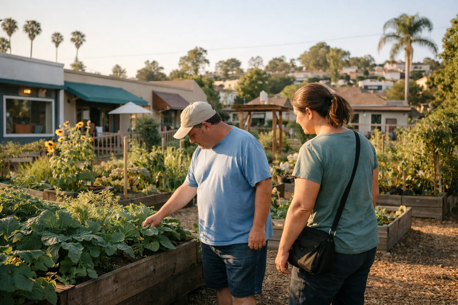 Un adulto y un trabajador de apoyo pasando tiempo juntos en un jardín comunitario del vecindario.